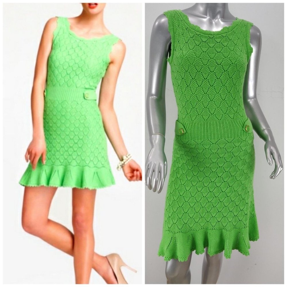 Lilly Pulitzer Size XS Villa Green Crochet Sleeveless Sweater Dress Lined